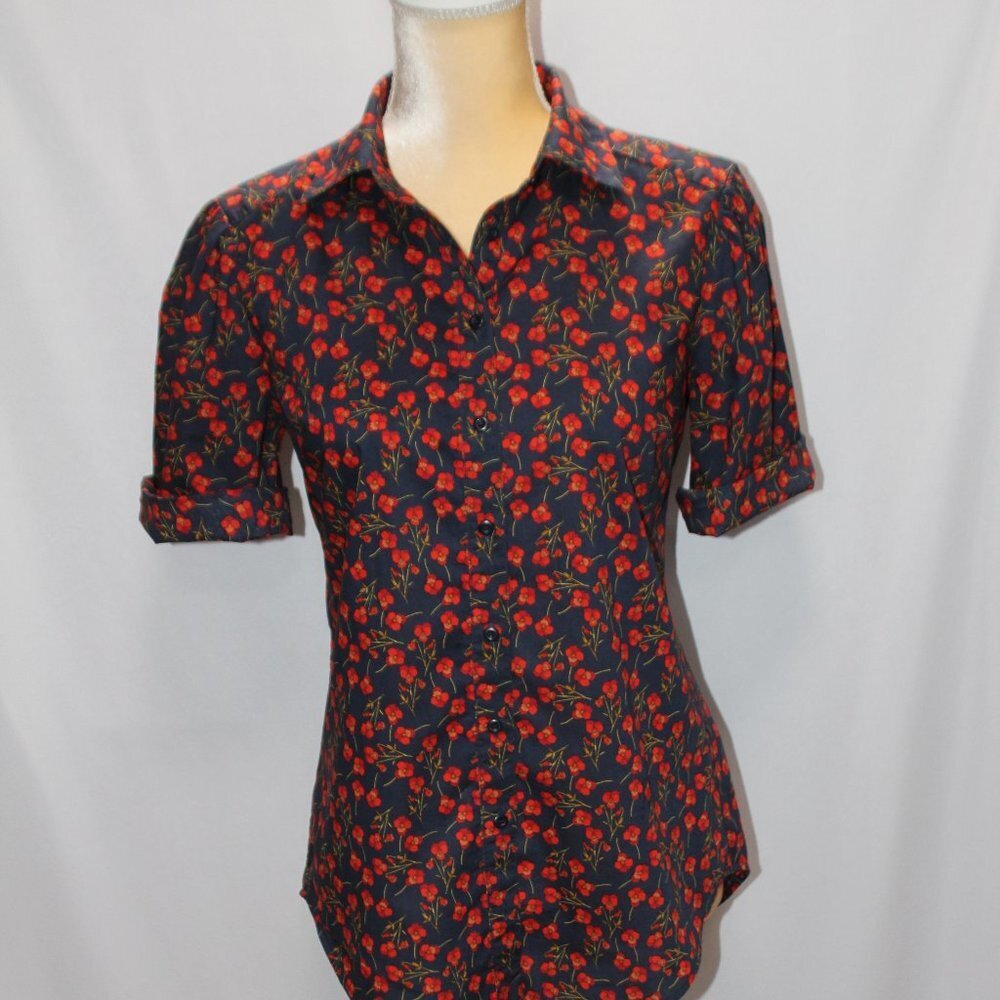 Antonio Melani Navy Floral Collared Button Down Short Sleeve Top